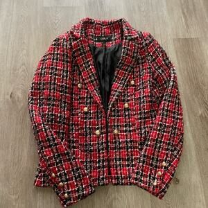 lipsy london red & black tweed gold button collared blazaer jacket coat small